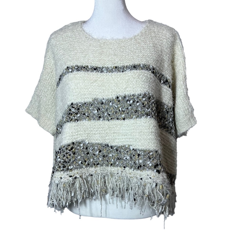 Anthropologie Moth Crewneck Ivory with Metallic Thread Poncho, Small